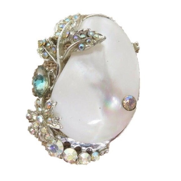 The Unbranded Brand Jewelry - VINTAGE HIGH END WHITE MOP‎ JELLY BEAN FLORAL CAB RHINESTONE SILVER BROOCH PIN